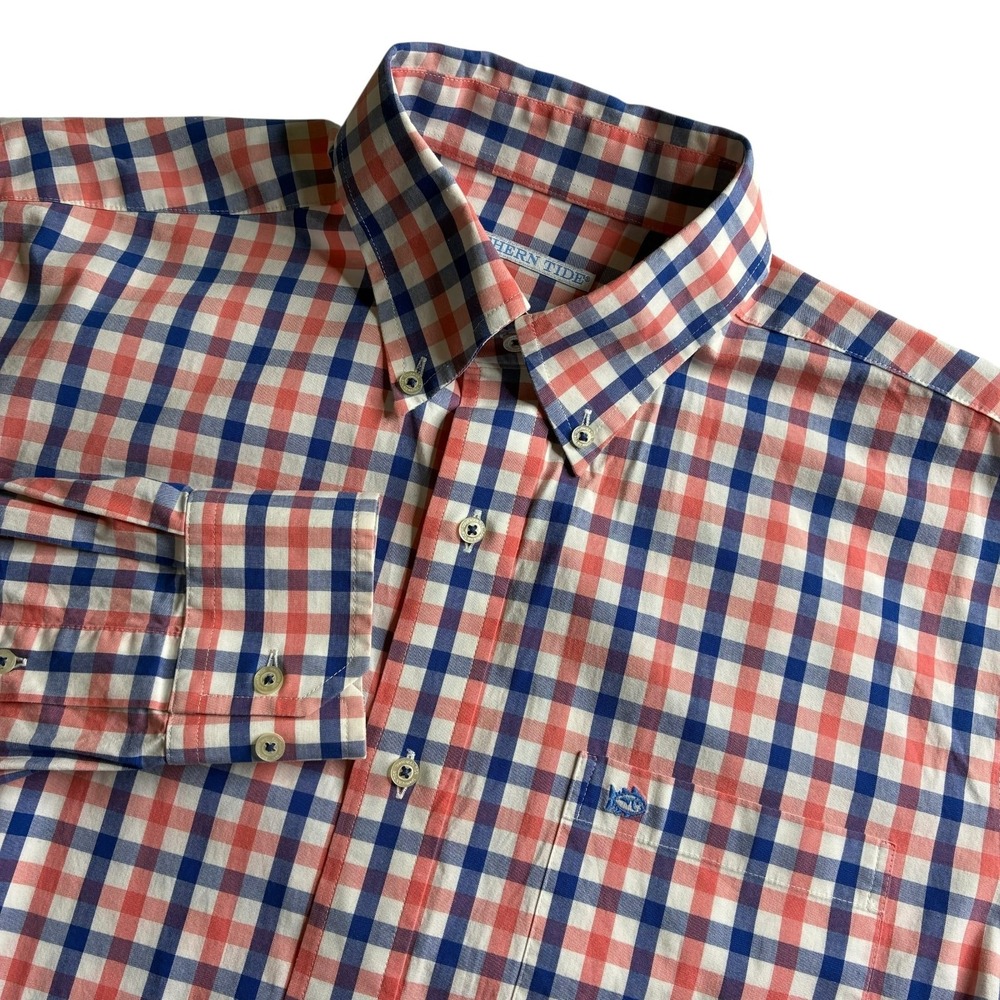 Southern Tide‎ Shirt Men's Size Medium Blue Coral Plaid Button-Down Dress Preppy